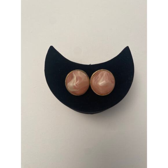 Vintage KRAMER Pink Marble Glass Clip On Earrings Silver Tone Signed - Picture 2 of 8